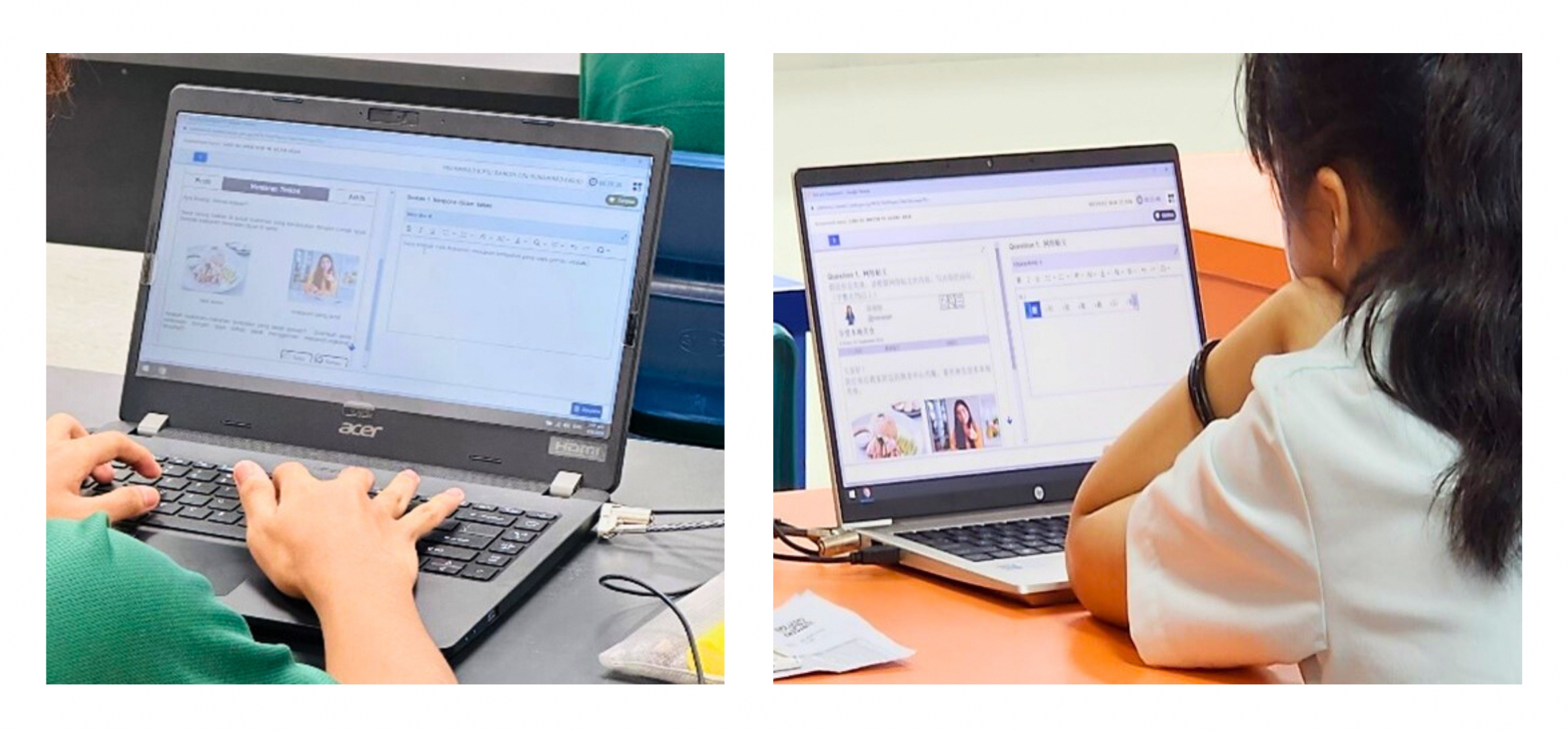 Left: A candidate completing his BML examination*. Right: A candidate using the Hanyu Pinyin feature found in the eExam system* for BCL. 